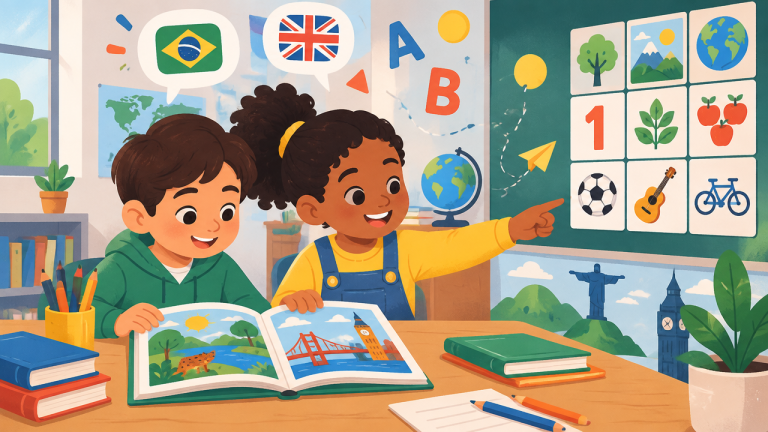 Alunos em sala de aula de escola bilíngue em Bragança Paulista