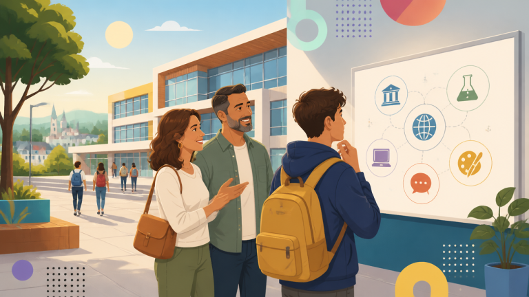 Família e estudante visitando uma escola de ensino médio e planejando o futuro acadêmico.