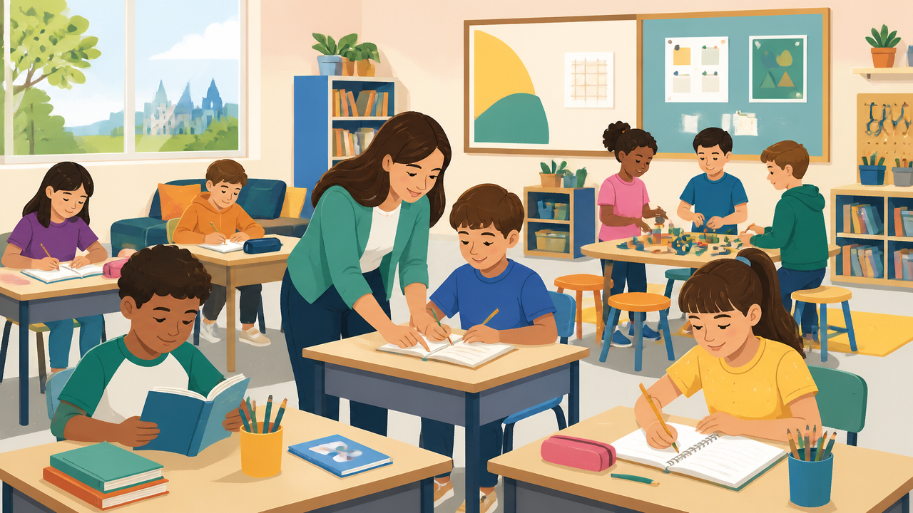 Ilustração de alunos do ensino fundamental em sala de aula moderna com professora orientando atividades.
