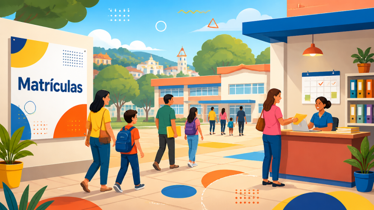 Ilustração vetorial de famílias chegando a uma escola para realizar matrícula em Bragança Paulista.